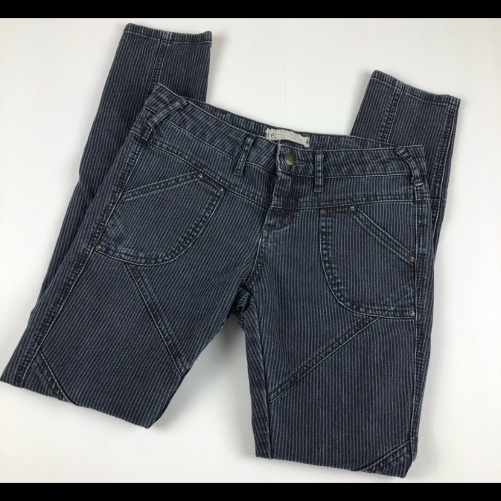 Free People stripe patch moto skinny jeans 26 navy